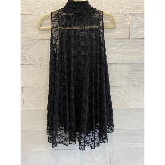FREE PEOPLE ShirMyrna Black Sheer Lace Tunic Top Blouse Boho High Smocked Collar - Picture 3 of 11